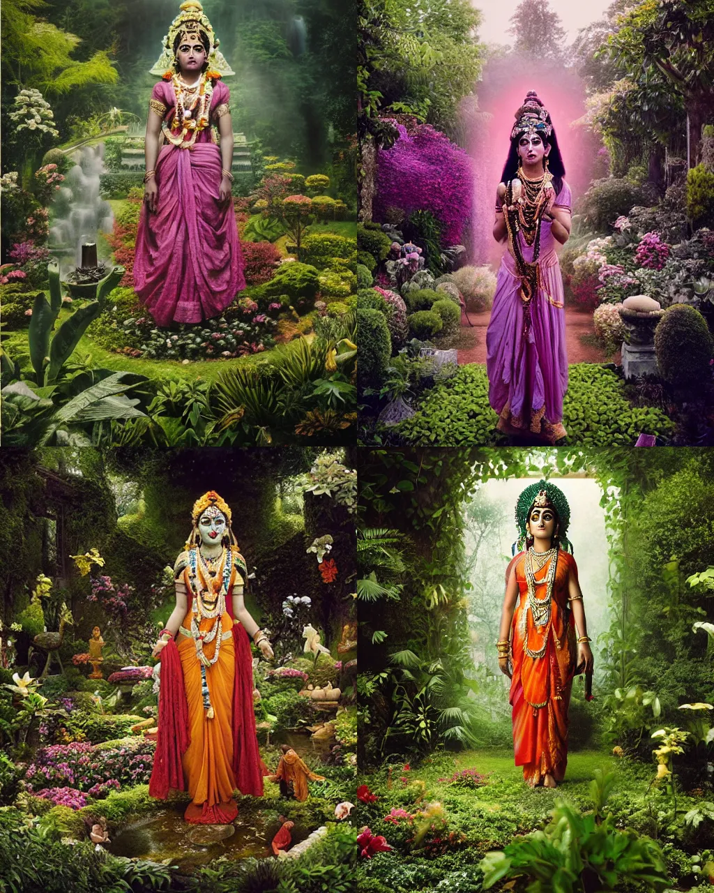 Prompt: a cinematic fashion portrait of Hindu goddess standing in a beautiful garden, by Tim Walker amd Gregory Crewdson, shot on a large format film camera, HDR, HD, dramatic soft lighting,