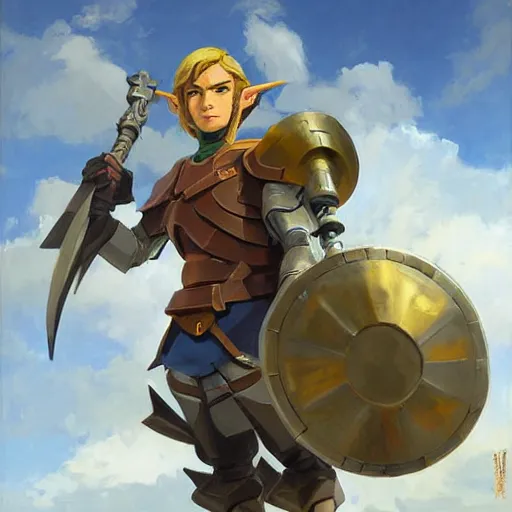 Image similar to greg manchess portrait painting of armored link from legend of zelda as overwatch character, medium shot, asymmetrical, profile picture, organic painting, sunny day, matte painting, bold shapes, hard edges, street art, trending on artstation, by huang guangjian and gil elvgren and sachin teng