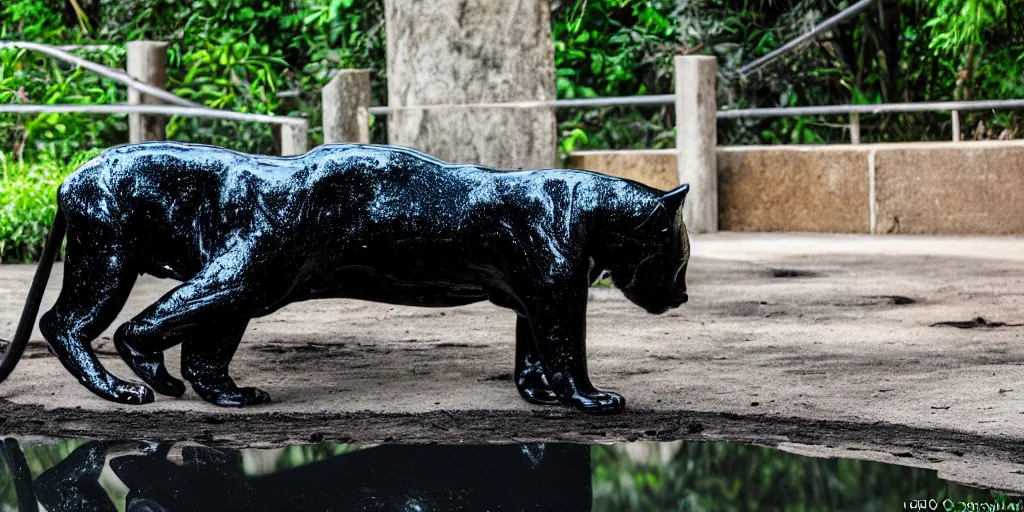 Image similar to the smooth black jaguar, made of smooth black goo, bathing in tar in the zoo exhibit, viscous, sticky, full of tar, covered with black goo. photography, dslr, reflections, black goo, zoo, exhibit