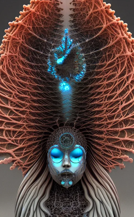 Image similar to gothic goddess intricate mask, eagle coral, jelly fish, mandelbulb 3 d, fractal flame, octane render, cyborg, biomechanical, futuristic, by ernst haeckel