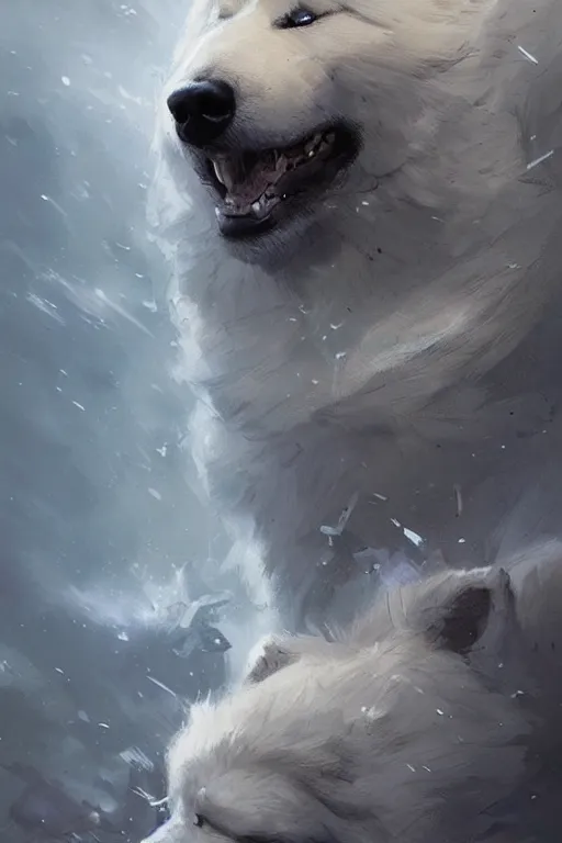 Image similar to comic book cover. heroic samoyed dog by greg rutkowski, trending on artstation