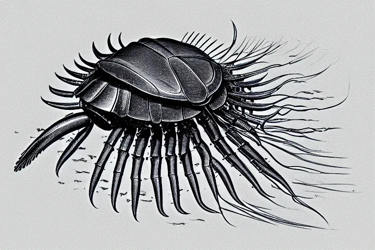 Prompt: a scientific drawing of a cambrian era horseshoe crab by charles darwin and leonardo davinci, trendingbon artstation