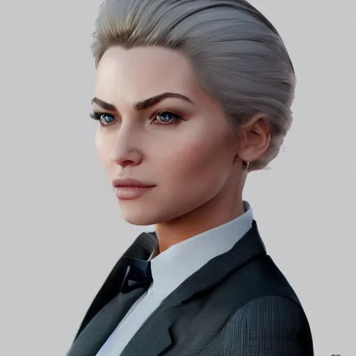 Image similar to beautiful girl protrait in a suit, character portrait, james gurney, character concept style trending on artstation, detailed face, concept art, detailed, octane render cinematic, photo-realistic, 8k, high detailed