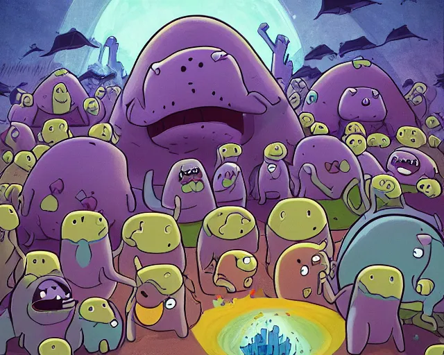 Image similar to A swarm of alien hippos, adventure time