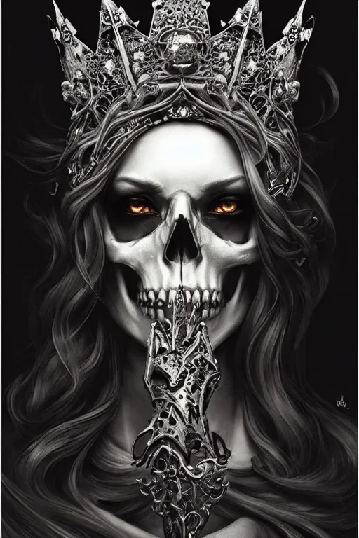 Image similar to skull queen with an origami crown, hints of silver jewelry, gothic, eerie, intricate detail, dramatic lighting, mist, grey, 4k, fantasy, intricate, very very beautiful, elegant, highly detailed, digital painting, artstation, concept art, smooth, sharp focus, illustration, art by artgerm and greg rutkowski and alphonse mucha