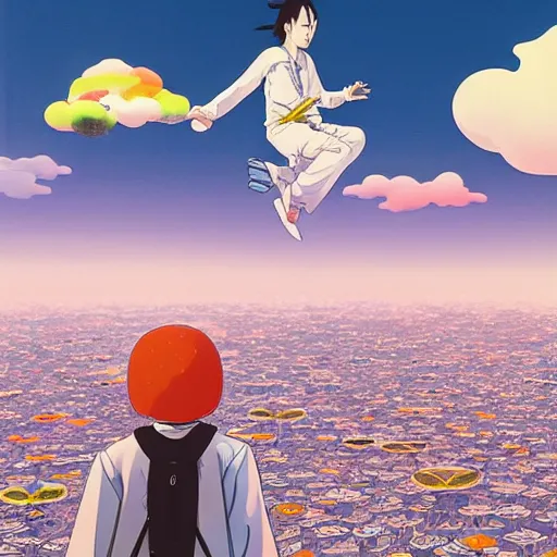 Image similar to a man walking on clouds above kyoto by takashi murakami, beeple and james jean, aya takano color style, 4 k, super detailed