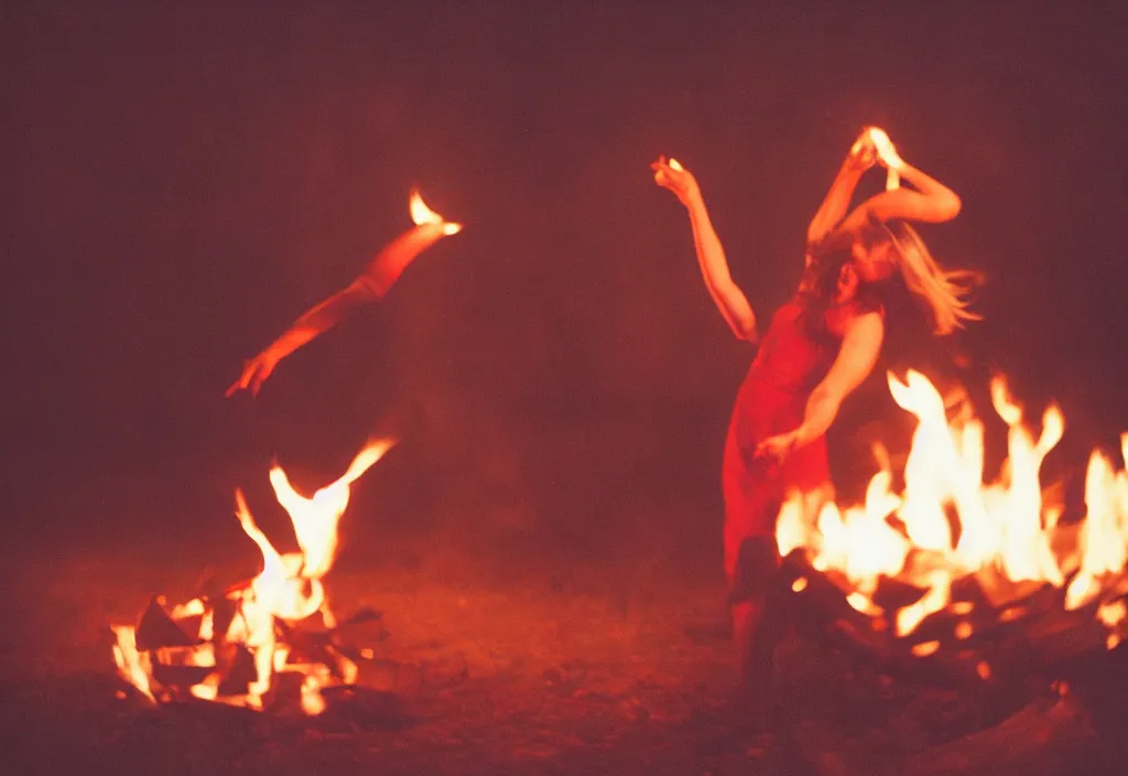 Image similar to lomo photo of young woman dancing and writhing in ecstasy around a fire as the dark ritual begins, cinestill, bokeh, out of focus