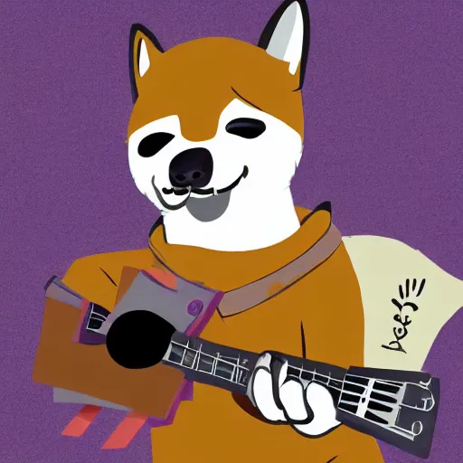 Image similar to shiba inu man, anthropomorphic, Anthro, furry, plays guitar, Artstation