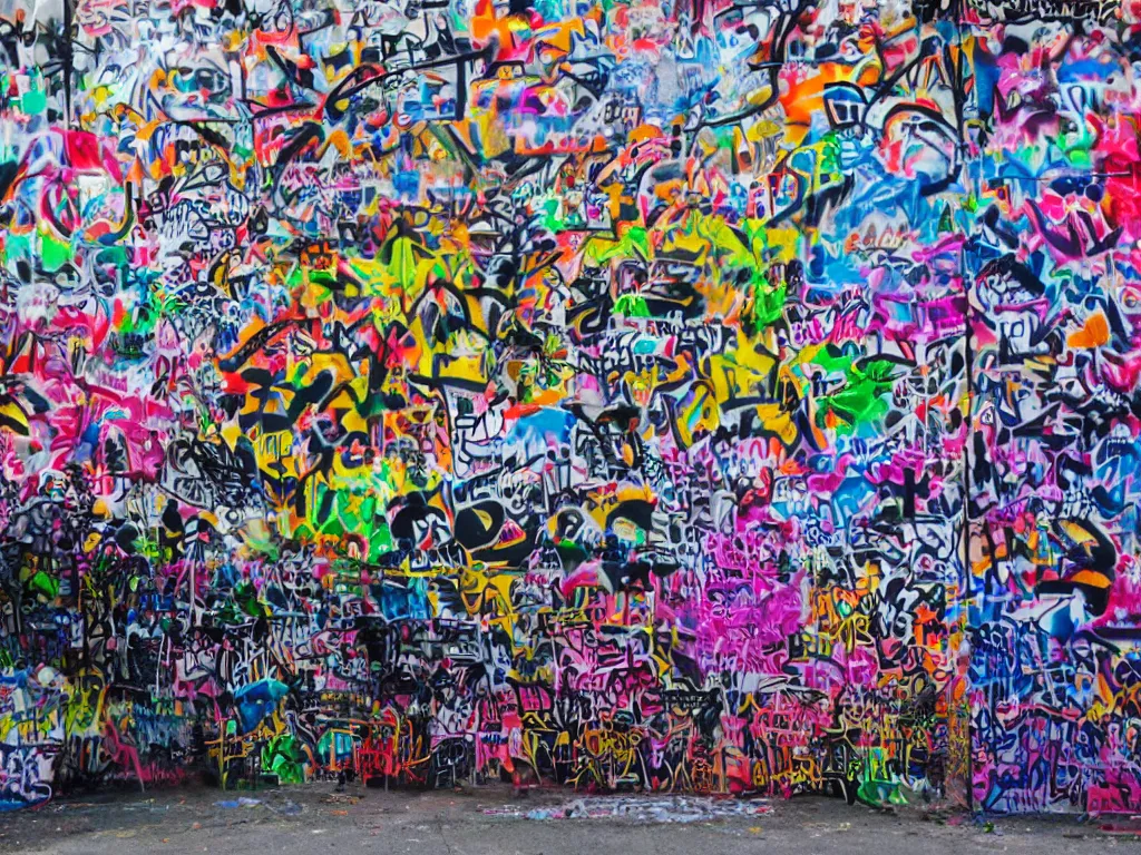 Image similar to photo of black cathedral covered in colorful graffiti