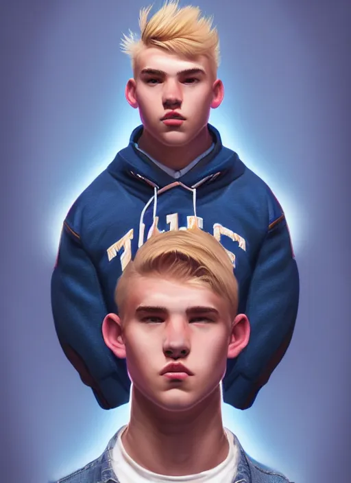 Image similar to portrait of high school senior boy named big moose, blonde short hair, jock, beefy, wide face, square jaw, square facial structure, blue varsity jacket with letter r, intricate, elegant, glowing lights, highly detailed, digital painting, artstation, concept art, sharp focus, illustration, art by wlop, mars ravelo and greg rutkowski