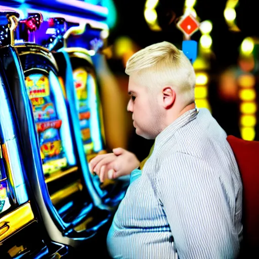 Image similar to fat blonde man losing money on a slot machine