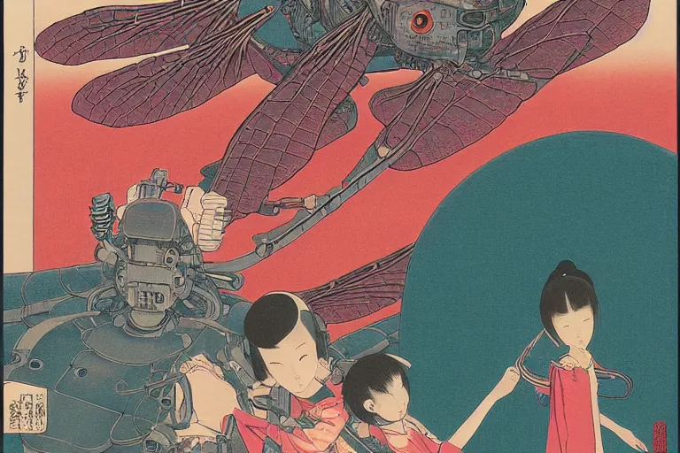Image similar to gigantic dragonflies with human faces catch tiny robots, a lot of exotic mechas robots around, human heads everywhere, risograph by kawase hasui, dirtyrobot, edward hopper, satoshi kon and moebius, colorful flat surreal design, super - detailed, a lot of tiny details, fullshot