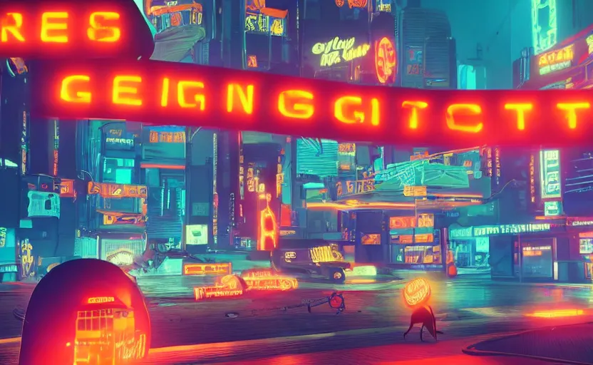 Image similar to Skinny orange cat in cyberpunk with neon signs and robots, very detailed, very photorealistic.