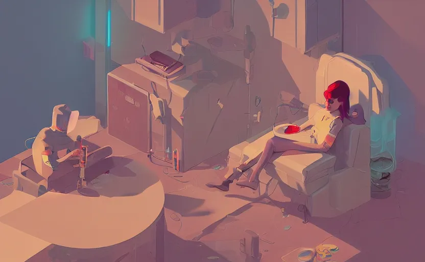 Prompt: non - gender person imagining things, james gilleard, moebius, print, game art