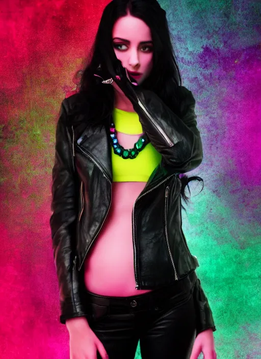 Image similar to a photo of 8 k ultra realistic a black haired female in high heels and a black leather jacket, pink, purple, green, yelow, red, blue, white neon, art by lise deharme