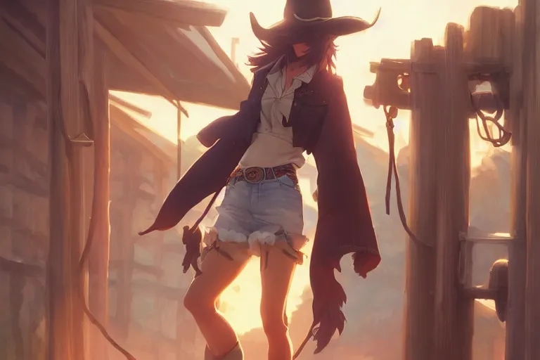 Image similar to western cowgirl, single centered subject, scenic full shot, ambient lighting, detailed face, by makoto shinkai, stanley artgerm lau, wlop, rossdraws