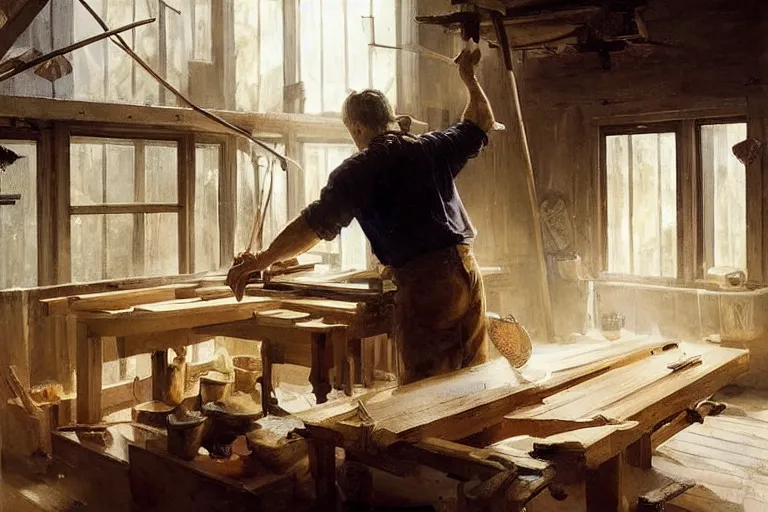 Image similar to simple craftsman fine woodworker building a wooden table in their well lit clean open workshop, art by anders zorn, wonderful masterpiece by greg rutkowski, beautiful cinematic light, american romanticism thomas lawrence, greg rutkowski