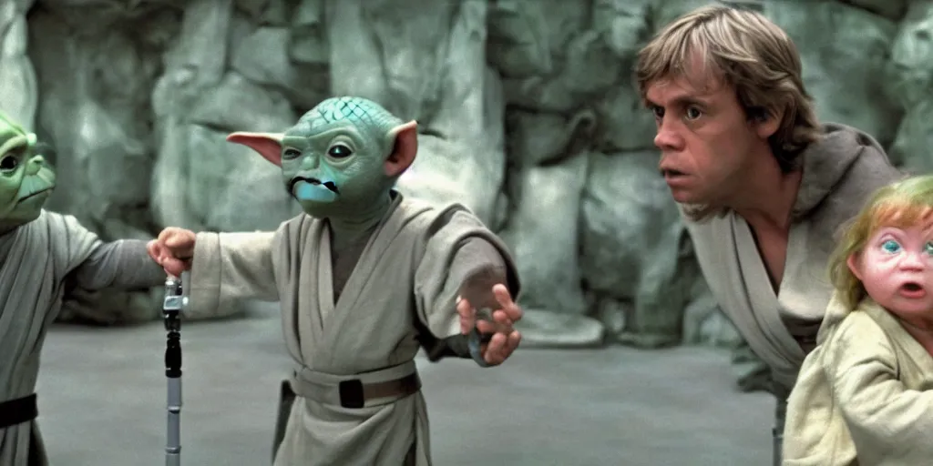 Image similar to screenshot of Luke Skywalker teaching baby yoda Grogu in a Jedi Temple, 1970s thriller by Stanely Kubrick film, color kodak, ektochrome, anamorphic lenses, detailed faces, moody cinematography