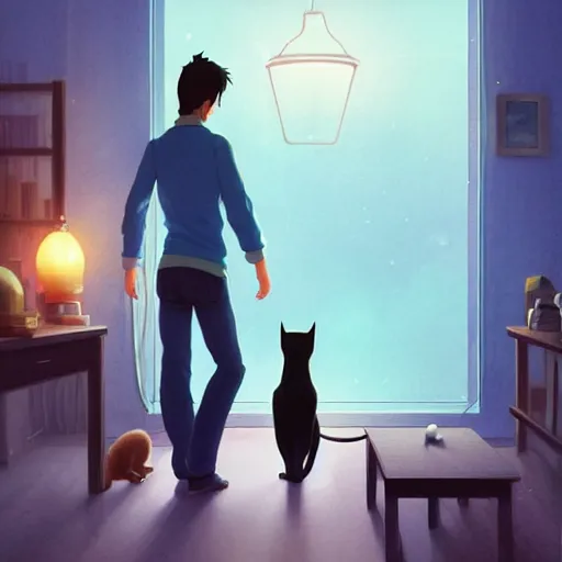 Prompt: a man and cat in a room. digital art. artstation. realistic. vibrant. illustration. in the style of pixar movie. octane render. art by makoto shinkai, stanley artgerm lau, wlop, rossdraws. volumetric lighting.