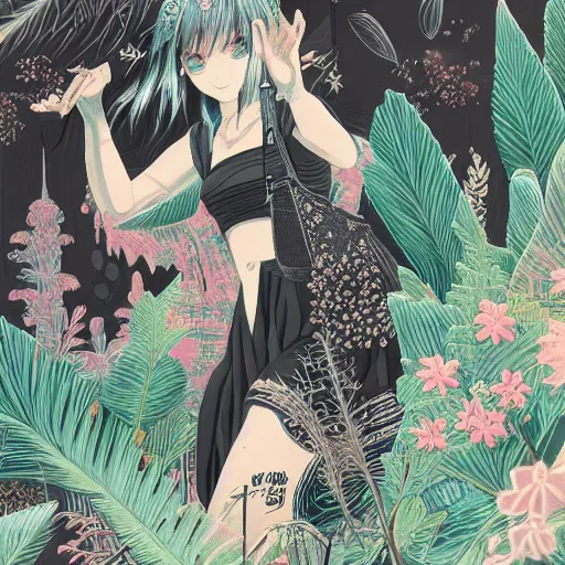 Image similar to black paper + an intricate lelabo shop depiction + elaborate white illustration, very detailed, deviantart, 8 k vertical wallpaper, tropical, colorful, airy, anime illustration, anime nature