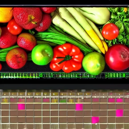 Image similar to film still of fresh fruits and vegetables making beats on fl studio