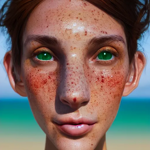 Image similar to portrait of a cute thin young woman, bronze brown hair, eye color is emerald green, red blush, cute freckles, smug smile, modern clothes, relaxing on the beach, golden hour, close up shot, 8 k, art by irakli nadar, hyperrealism, hyperdetailed, ultra realistic