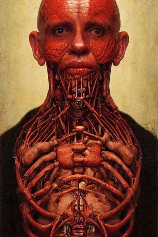 Prompt: beautiful clean oil painting biomechanical portrait of man face by dino valls, wayne barlowe, rembrandt, detailed, propaganda poster with big red text \ be better human \, stunning, realistic, skin color