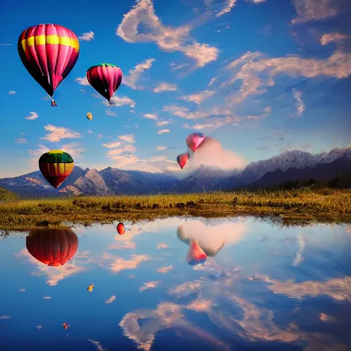 Image similar to photo of two black swans touching heads in a beautiful reflective mountain lake, a colorful hot air balloon is flying above reflecting off water, hot air balloon, intricate, 8k highly professionally detailed, centered, HDR, CGsociety