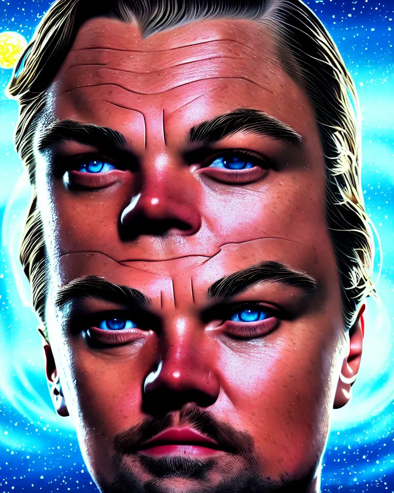 Prompt: centered detailed portrait of leonardo dicaprio in don't look up, futuristic, details, intricate, octane render, redshift, smooth, illustration, fairy lighting, stars and planets in the background, hyperrealistic, by dmitry prozorov, loish, and wlop, trending on artstation, hyperdetailed, hyperrealism