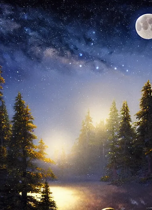 Image similar to stars, moon, golden shores, spruce trees, beauty, sharp focus, 8 k high definition, insanely detailed, intricate, elegant, art by stanley lau and artgerm, floating embers