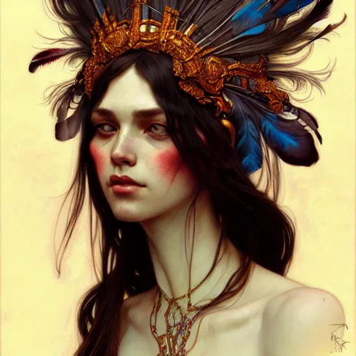Prompt: Portrait of a giant wearing an intricate feather headdress, face, fantasy, intricate, elegant, highly detailed, digital painting, artstation, concept art, smooth, sharp focus, illustration, art by Krenz Cushart and Artem Demura and alphonse mucha