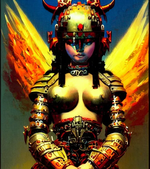 Image similar to portrait of strong korean female chaos angel, beautiful! coherent! by frank frazetta, by brom, strong line, vivid neon color, spiked scrap metal armor, iron helm maximalist