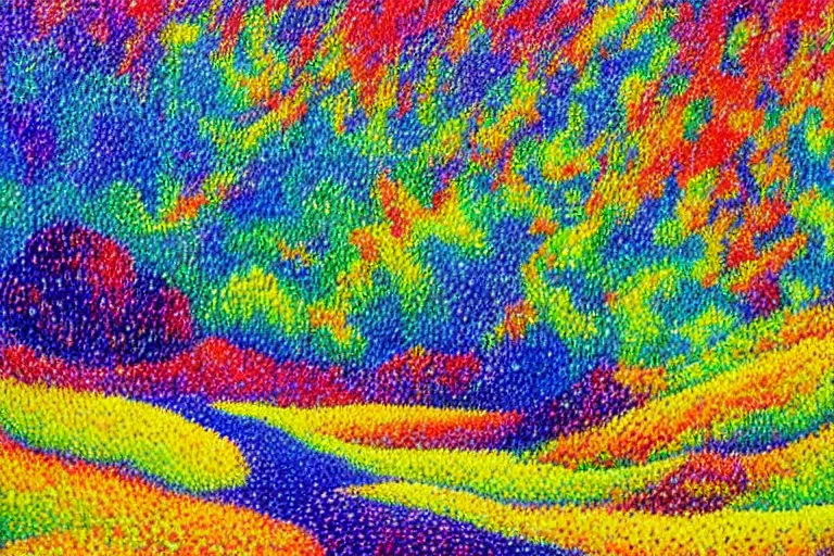 Prompt: Colorful landscape with intense colors, painting, pointillism