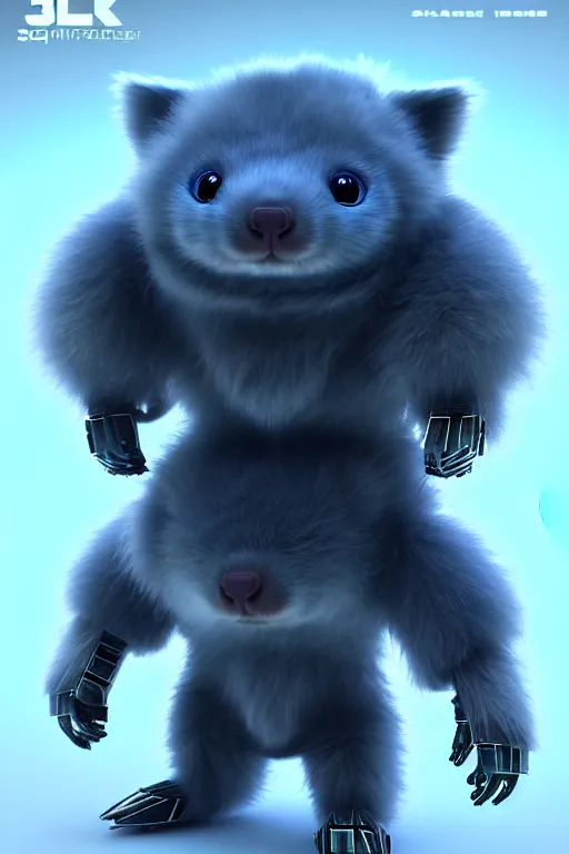 Image similar to high quality 3 d render sci - fi very cute mecha & fluffy! wombat!! hybrid! fighting, highly detailed, unreal engine cinematic smooth, in the style of blade runner & detective pikachu, hannah yata charlie immer, dark blue neon light, low angle, uhd 8 k, sharp focus