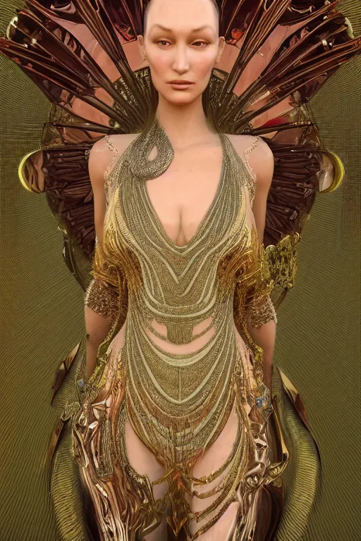 Image similar to a highly detailed 4 k render of a beautiful dmt alien goddess bella hadid in iris van herpen dress schiaparelli in diamonds in style of alphonse mucha trending on artstation made in unreal engine 4