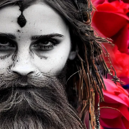 Image similar to 3 5 mm coloured film portrait of emma watson as aghori sadhu covered in ash creature, hyperrealism, celestial red flowers vibe, photorealistic, detailed, atmospheric, 8 k, award winning photography, cinematic