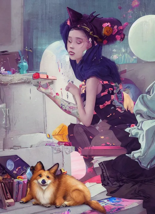 Prompt: beautiful fantasy painting of a Hiphop Lofi attractive princess and her corgi chilling to music, by Kenne Gregoire, James Jean, Tran Nguyen, WLOP, Jakub Rebelka. trending on Artstation, 8k, masterpiece, face enhance, graffiti paint, fine detail, full of color, intricate detail, golden ratio illustration