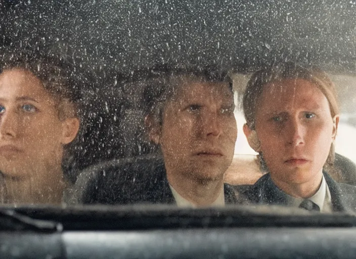 Prompt: A very high resolution image from a new movie, inside of a car, raining, hot, directed by wes anderson