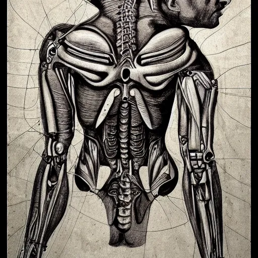 Image similar to futuristic cyborg anatomy drawing by da vinci