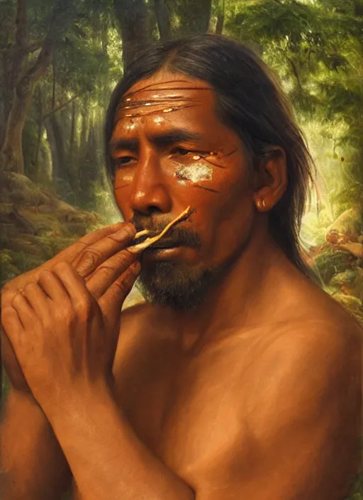 Image similar to a beautiful portrait of an indigenous man taking rapé in the jungle, taking tobacco snuff, praying with tobacco, mysterious atmosphere, fantasy art, matte painting, highly detailed