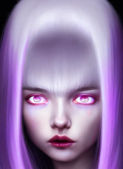 Image similar to hair whitebangs hair, black hair, whitebangs, portrait of teenage girl with white bangs, red irises, purple clothes, white bangs, bangs are different color from hair, intricate, elegant, glowing lights, highly detailed, digital painting, artstation, concept art, smooth, sharp focus, illustration, art by wlop, mars ravelo and greg rutkowski