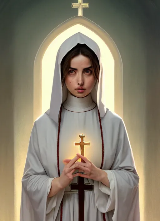 Image similar to portrait of ana de armas as a nun, catholic, church, bible, christian, intrigante, headshot, highly detailed, digital painting, artstation, concept art, sharp focus, cinematic lighting, illustration, art by artgerm and greg rutkowski, alphonse mucha, cgsociety