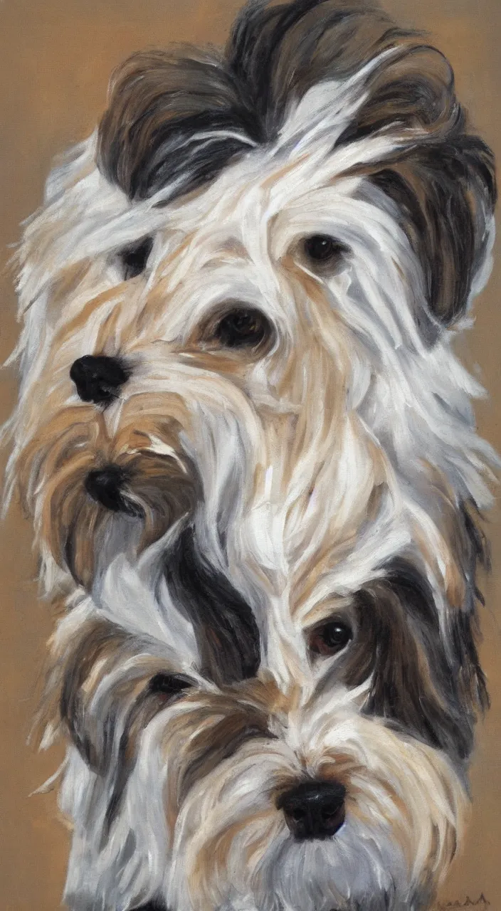 Image similar to portrait of a cream colored havanese dog wearing a lucha libre masking, sandra chevrie