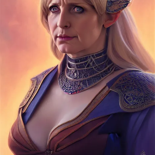 Image similar to half elf sorceress looking like angela merkel, D&D, blue eyes, blonde hair, fantasy, intricate, elegant, highly detailed, digital painting, artstation, concept art, smooth, sharp focus, illustration, art by artgerm and greg rutkowski and alphonse mucha