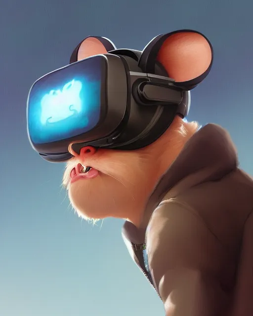 Image similar to a mouse wearing a VR headset on his head. By Makoto Shinkai, Stanley Artgerm Lau, WLOP, Rossdraws, James Jean, Andrei Riabovitchev, Marc Simonetti, krenz cushart, Sakimichan, trending on ArtStation, digital art.