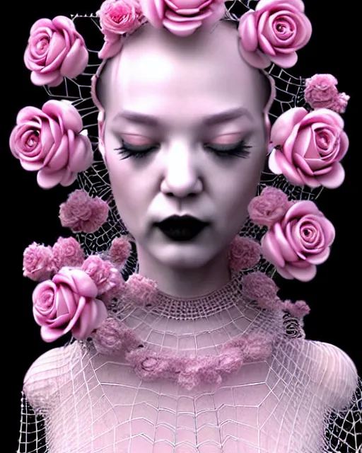 Image similar to dreamy surreal poetic pinky 3D render of a beautiful young porcelain female-creature-cyborg-vegetal with a very long neck and a super big gothic web lace collar filled with small dead flies and a very high big floral crown with many black dry roses:: smoke, high fashion, haute couture, rococo, avant-garde, elegant, dreamy, hyper realistic, 150 mm lens, soft rim light, octane render, unreal engine, volumetric lighting, dramatic light,8k,