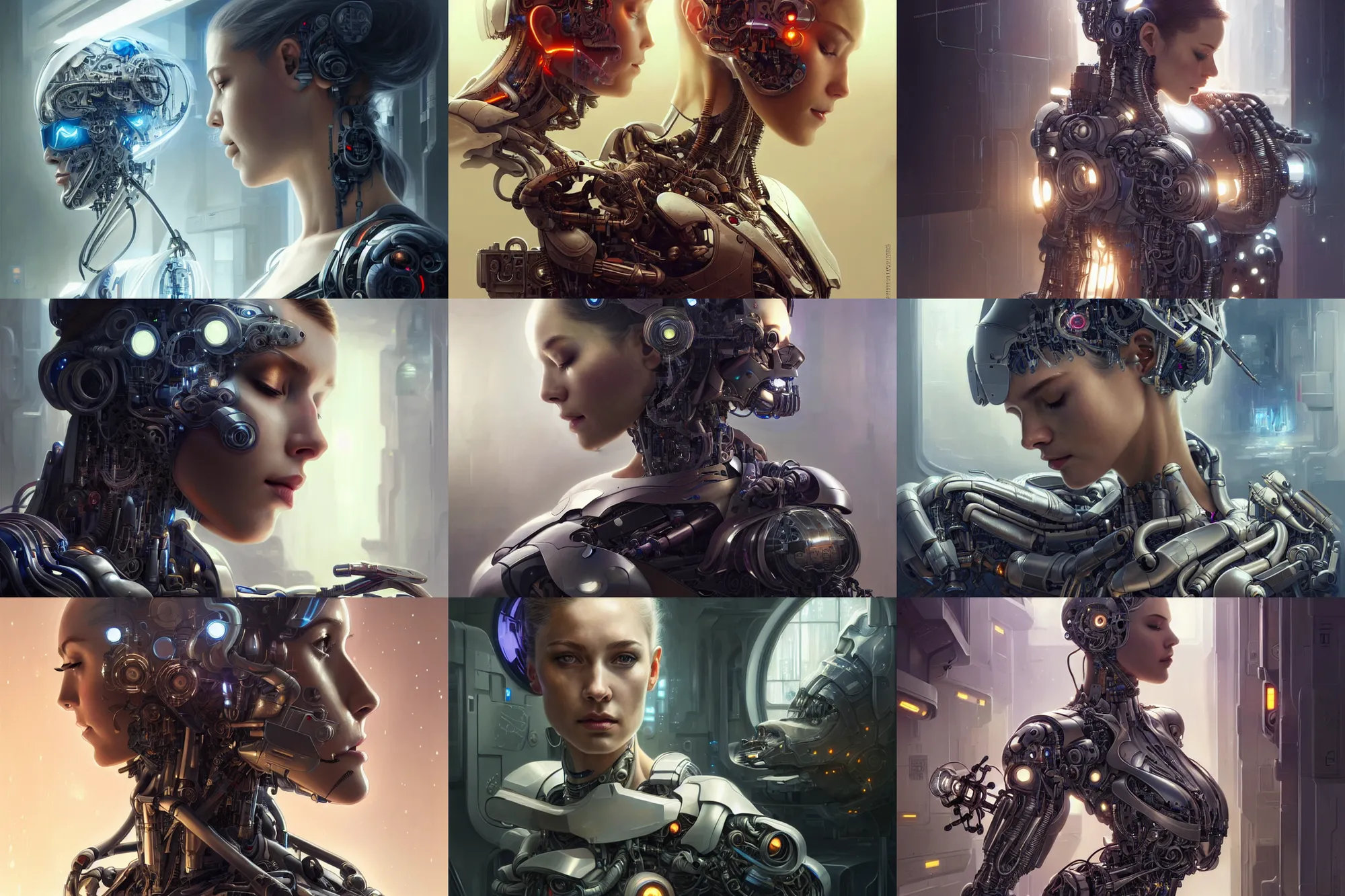 Image similar to Ultra realistic illustration, beautiful alluring damaged cyborg being put back together in an super advanced military medical bay, gorgeous face, cyberpunk, sci-fi, fantasy, intricate, elegant, highly detailed, digital painting, artstation, concept art, smooth, sharp focus, illustration, art by artgerm and greg rutkowski and alphonse mucha