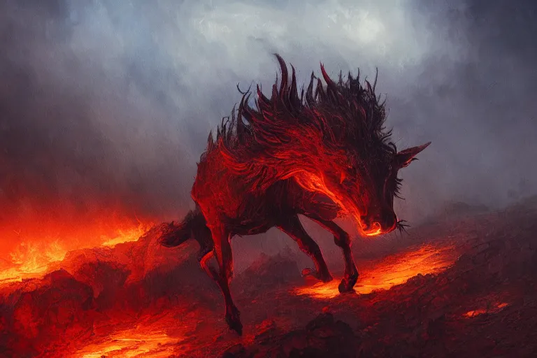 Prompt: fine art painting of a nightmare in a hellish landscape, flaming hooves and burning eyes, artstation, cgsociety, very detailed, intricate, masterpiece, stunning, romanticism