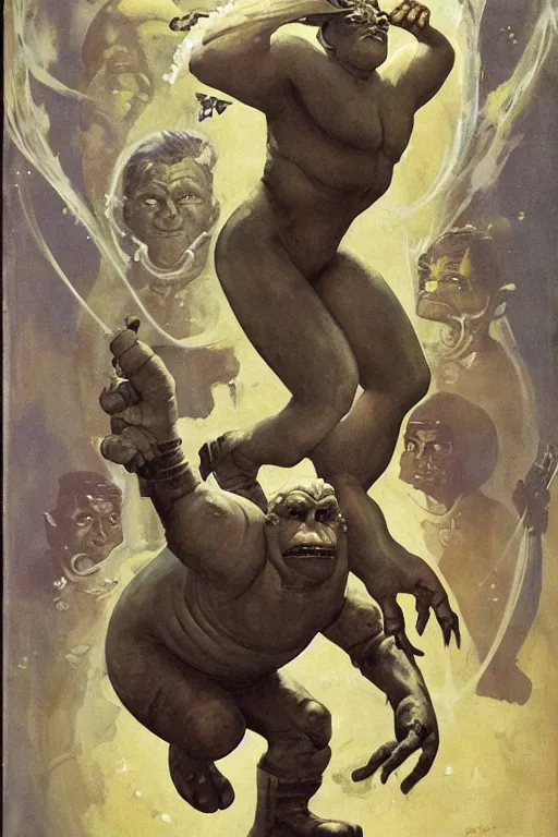 Image similar to 5 0 s pulp scifi fantasy illustration full body portrait martyn ford as huge troll wearing space armou, by norman rockwell, roberto ferri, daniel gerhartz, edd cartier, jack kirby, howard v brown, ruan jia, tom lovell, frank r paul, jacob collins, dean cornwell, astounding stories, amazing, fantasy, other worlds