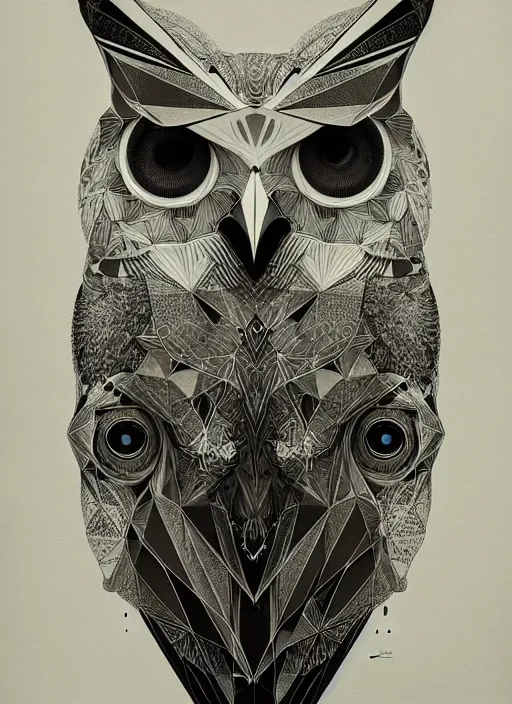 Image similar to portrait of a geometric owl, identical eyes, medium shot, illustration, full body made of white feathers, symmetrical, art stand, super detailed, cinematic lighting, and its detailed and intricate, gorgeous, by peter mohrbacher